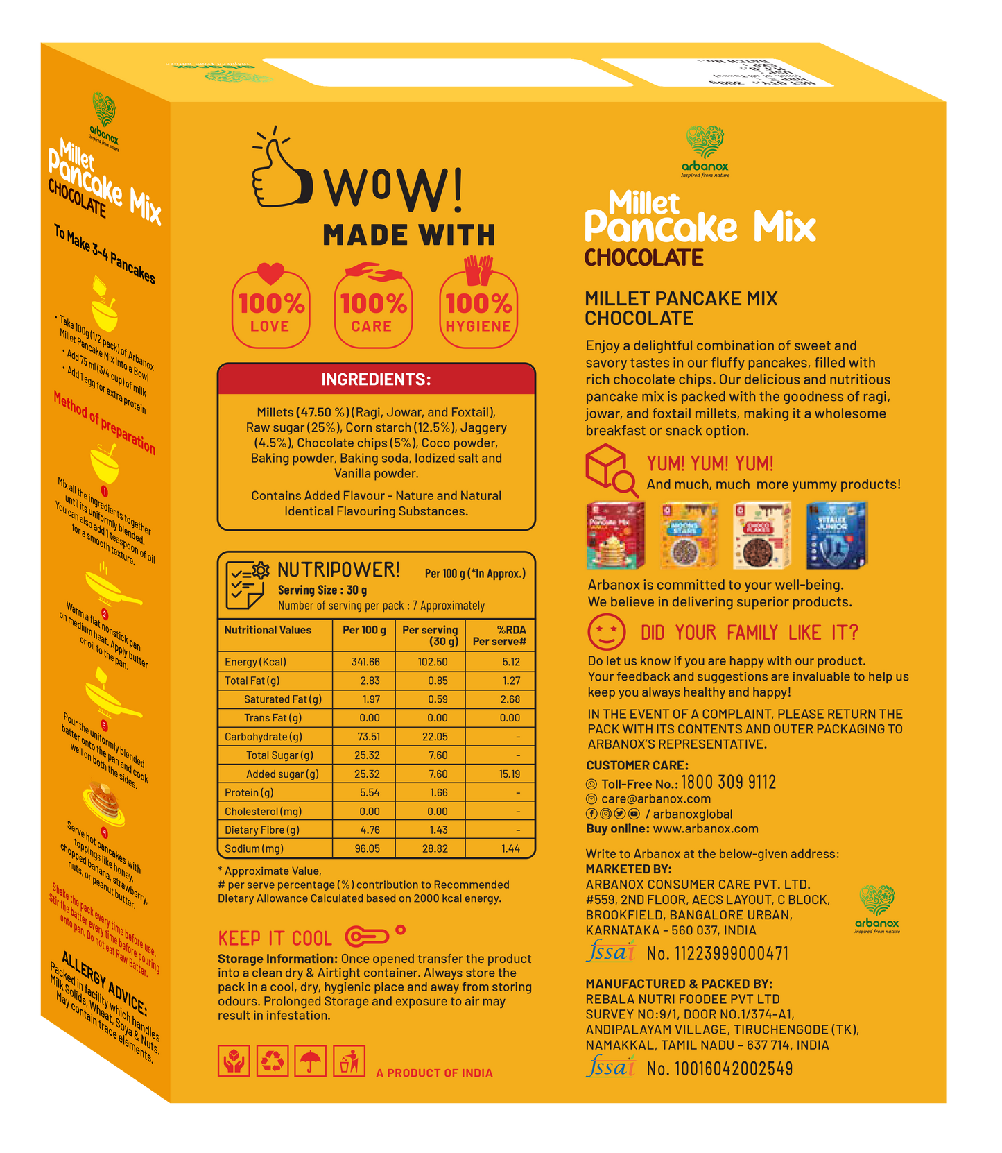 Healthy Pancake Mix - Chocolate Flavor with Real Chocolate Chips - No Artificial Colours and Flavours, No Added Preservatives - Arbanox
