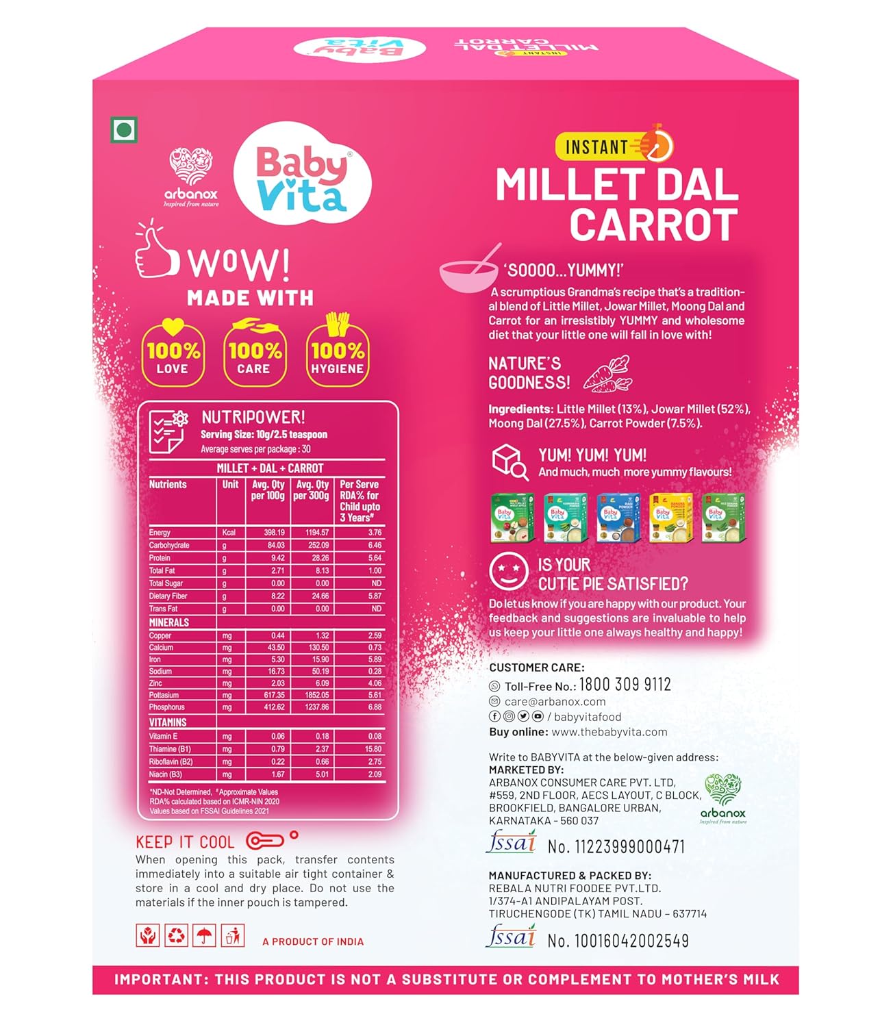 BabyVita Millet Dal Carrot & Ragi Powder Mix Combo | Nutrient-Rich, No Added Sugar, Salt, Flavors, Preservatives, or Vitamins | Trusted by Mothers | Pack of 2 - 300g Each