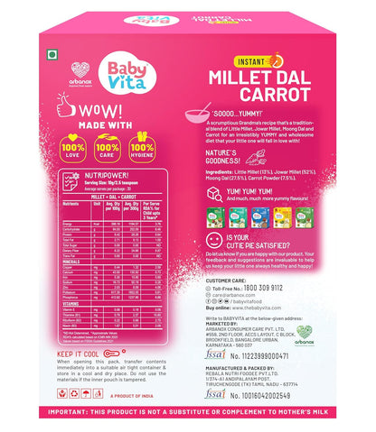 BabyVita Millet Dal Carrot Mix & Rice Dal Beetroot Blend Combo | No Salt, Sugar, Colors, Flavors or Preservatives | 100% Vegan & Trusted by Mothers | Pack of 2 - 300g Each