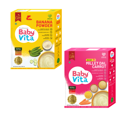 BabyVita Banana Powder & Millet Dal Carrot Mix Combo | Nutrient-Rich, No Added Sugar, Salt, Flavors, Preservatives | Trusted by Mothers | For Weaning Stage | Pack of 2 - 300g Each