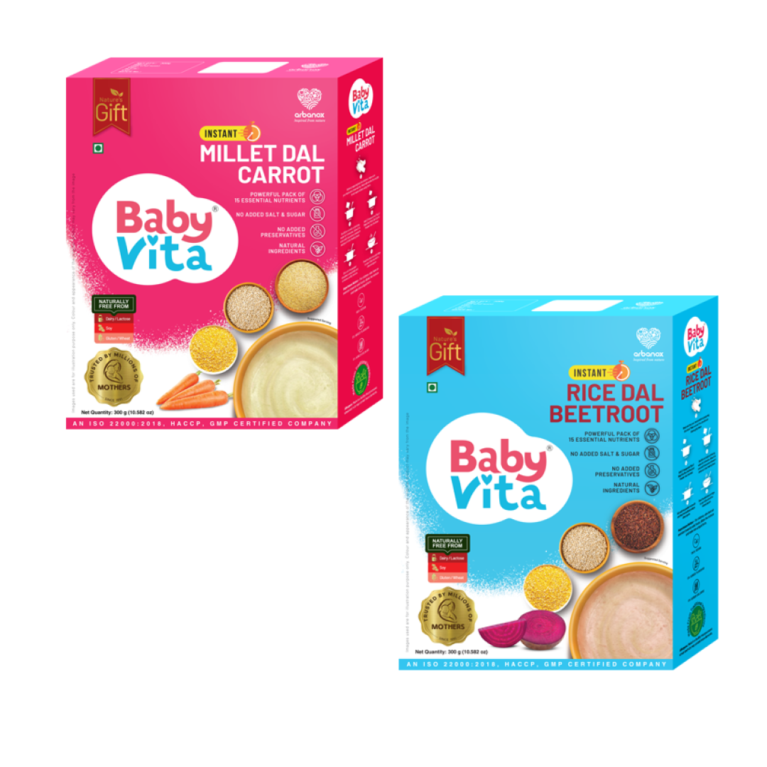 BabyVita Millet Dal Carrot Mix & Rice Dal Beetroot Blend Combo | No Salt, Sugar, Colors, Flavors or Preservatives | 100% Vegan & Trusted by Mothers | Pack of 2 - 300g Each