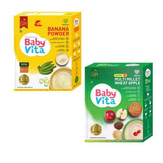 BabyVita Multi Millet Wheat Apple & Banana Powder Combo | Nutrient-Rich, No Added Sugar, Salt, Flavors or Preservatives | 100% Natural & Traditional | Easy to Prepare | Trusted by Mothers | Pack of 2 - 250g & 200g