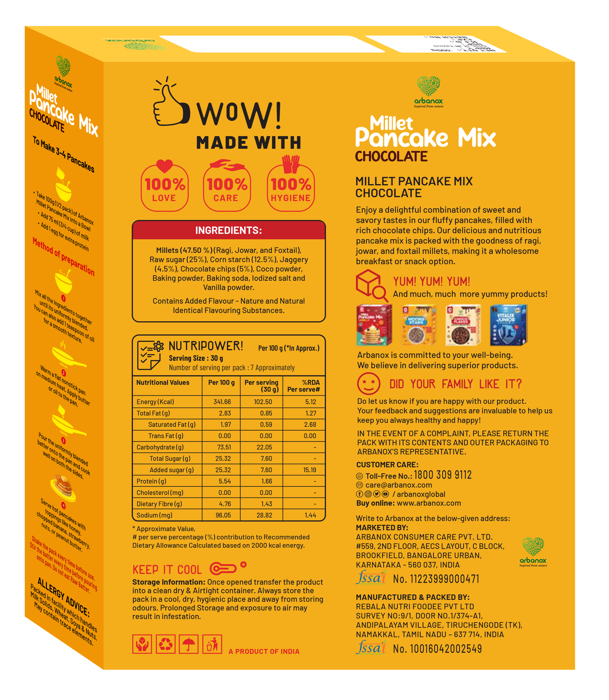 Healthy Pancake Mix - Chocolate Flavor with Real Chocolate Chips - No Artificial Colours and Flavours, No Added Preservatives - Arbanox
