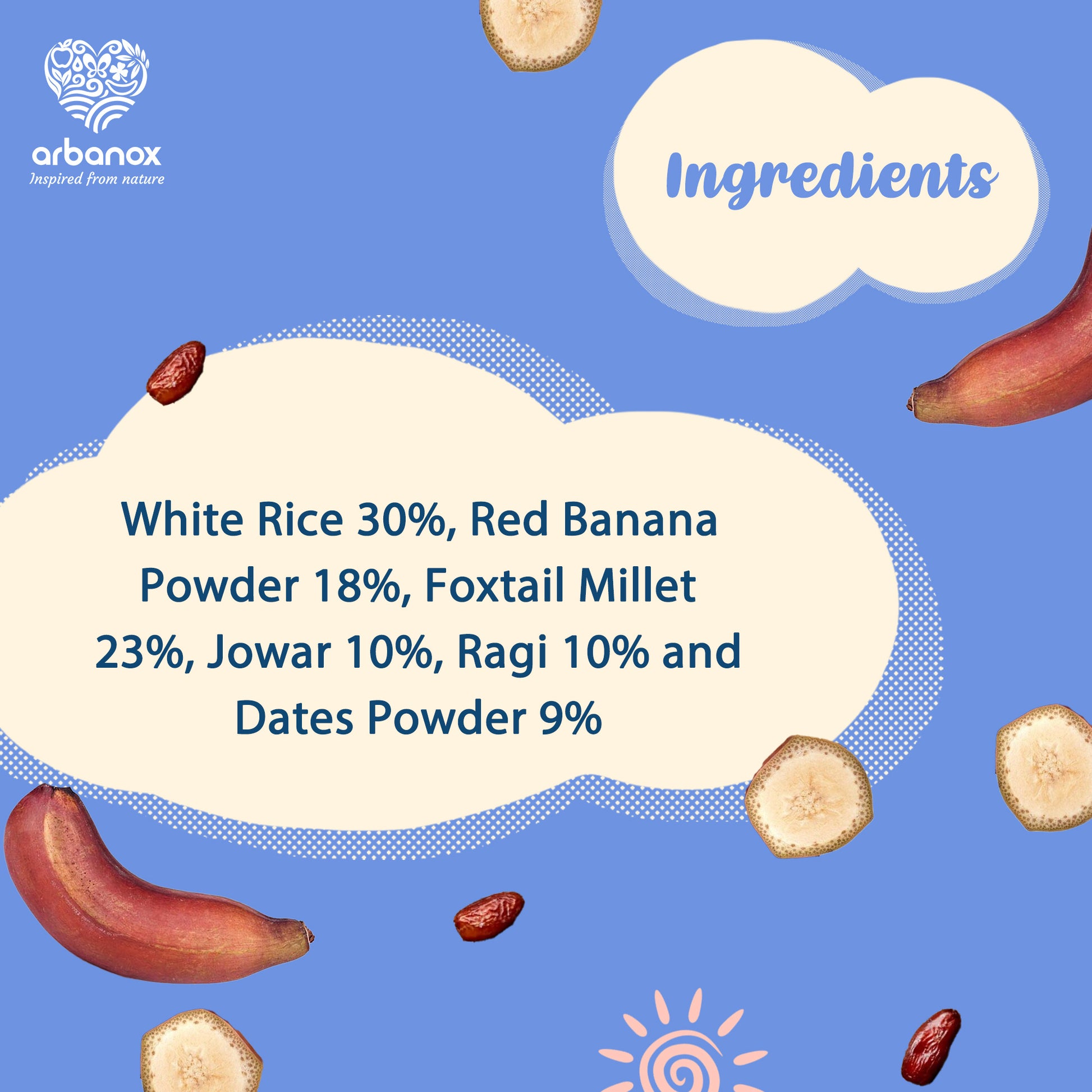 Organic millet products online for kids’ nutrition - Ingredients - BabyVita Red Banana Dates Rice Powder