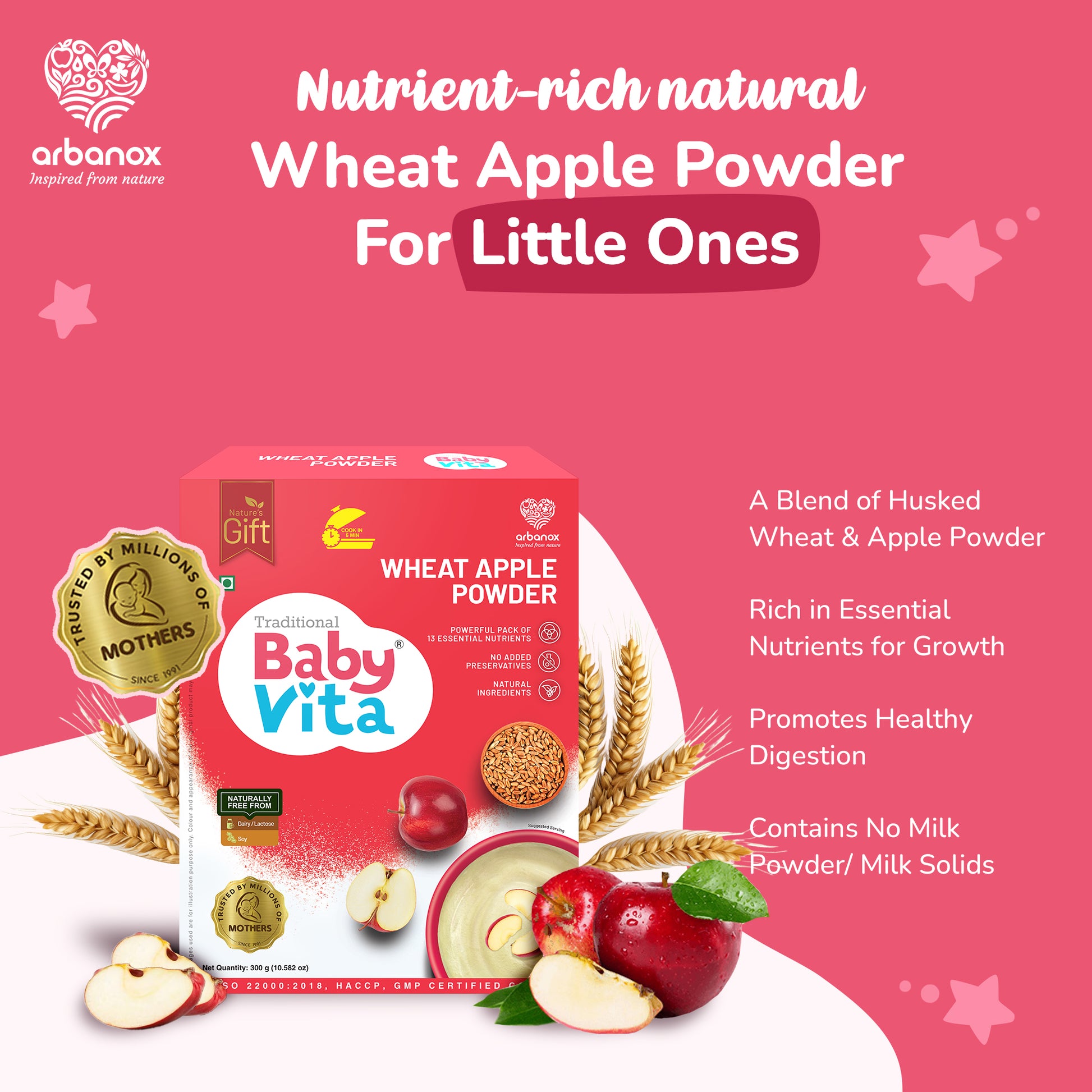Nutrient Rich natural Wheat Apple Powder For Infants - Promotes Healthy Digestion - Arbanox